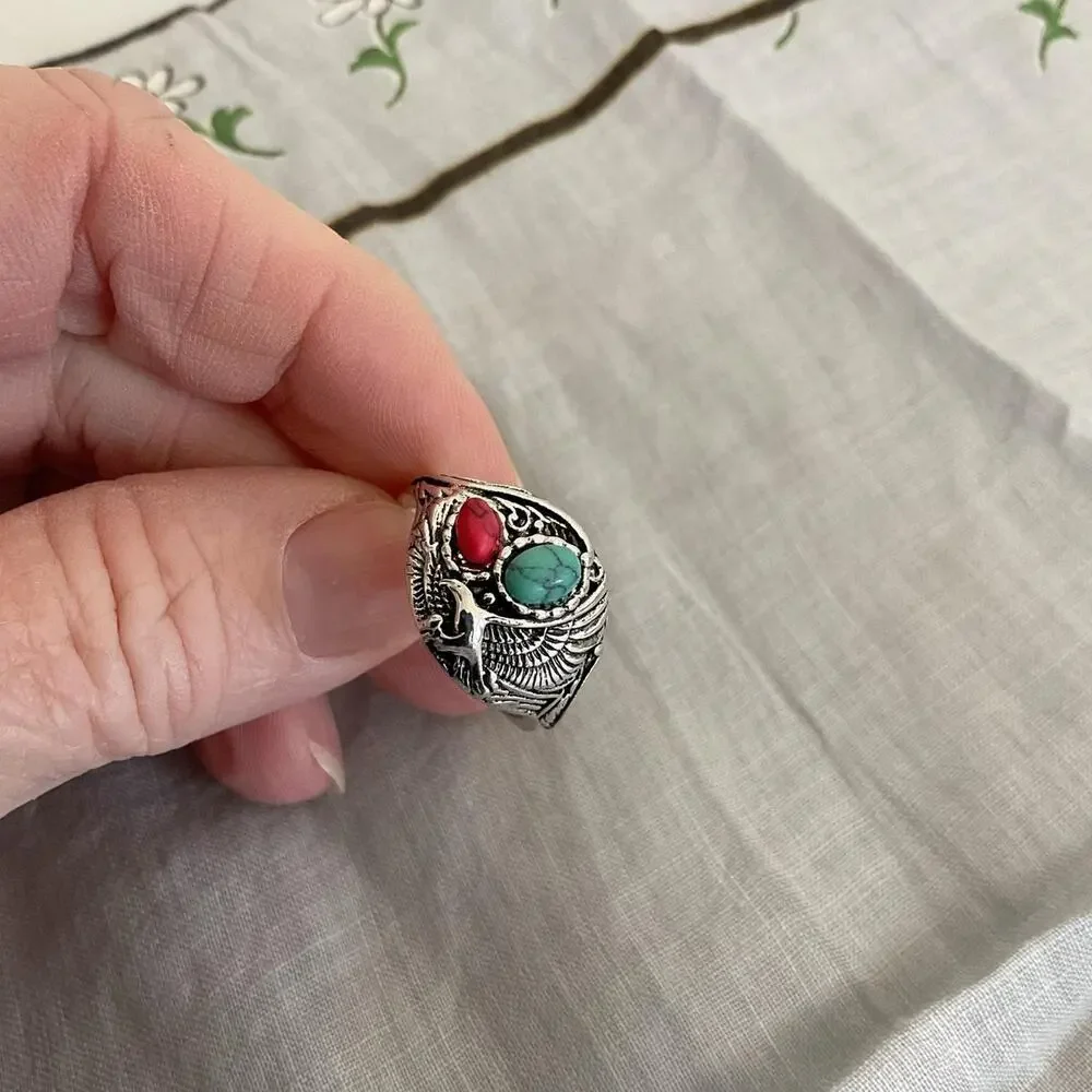 Silver ring with turquoise red Eagle Statement Ring Size 9 - Picture 2 of 5